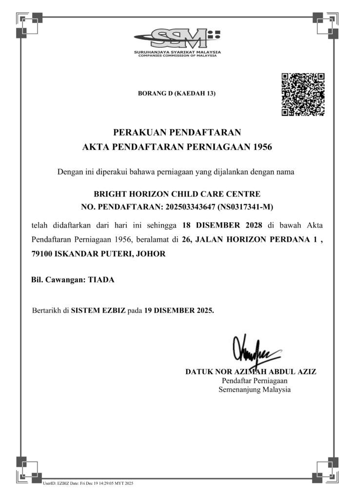 SSM registration certificate for Bright Horizon Child Care Centre in Iskandar Puteri Johor